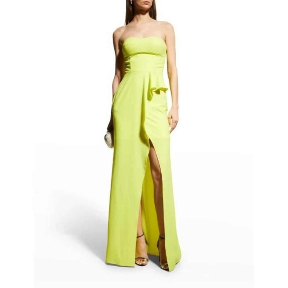 Dress the Population Neon Yellow‎ Strapless Gown Front Slit Formal Prom Size M